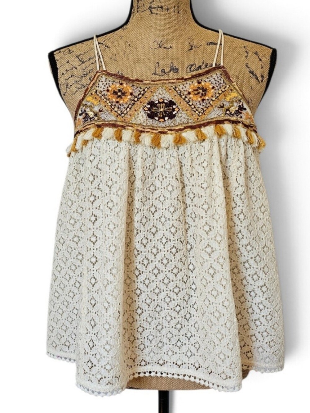 HD in Paris Anthropologie Western Boho Lace Tank with Embroidered Yoke, Size 6
